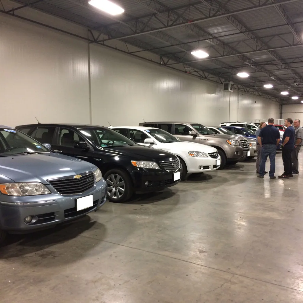 Used cars lined up in an indoor auction lane (AI placeholder photo)