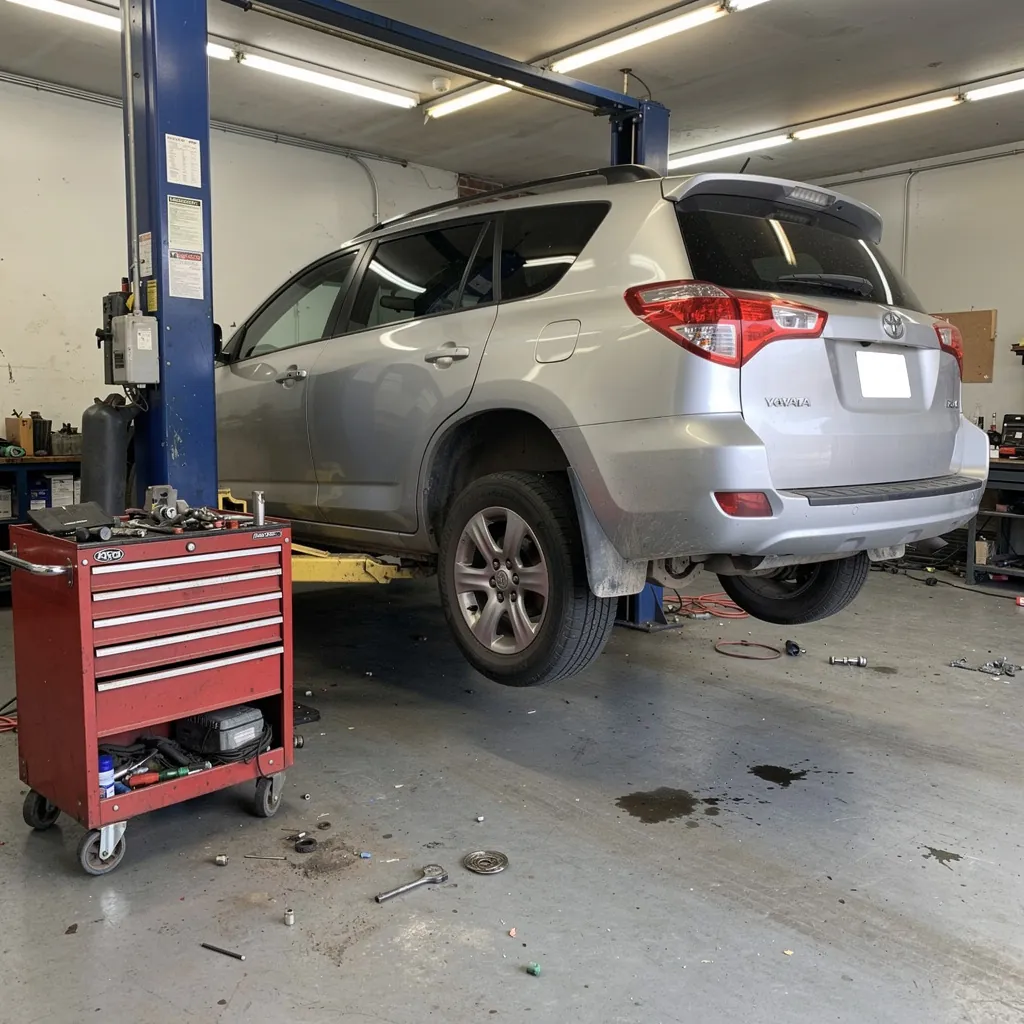 A silver SUV raised on a lift in a small repair shop (AI placeholder photo)